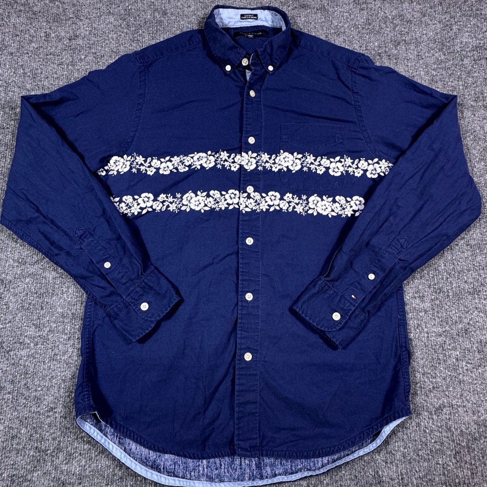 Tommy Hilfiger Mens Custom Fit‎ Navy Blue Floral Band Button Down Shirt Medium